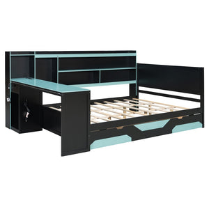 English Elm Queen Gaming Bed Frame with Desk Led Lighting Storage Drawers and Bookcase Headboard Black+Blue LP000290AAC