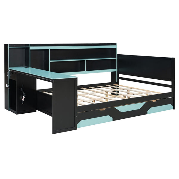 English Elm Queen Gaming Bed Frame with Desk Led Lighting Storage Drawers and Bookcase Headboard Black+Blue LP000290AAC