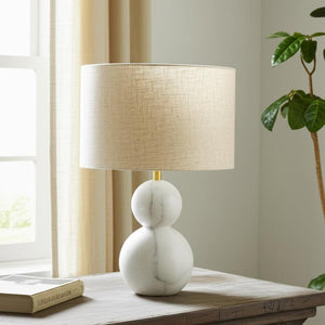 HomeRoots 18" Distressed White Marble Table Lamp with Elegant Drum Shade for Stylish Ambient Lighting 632934