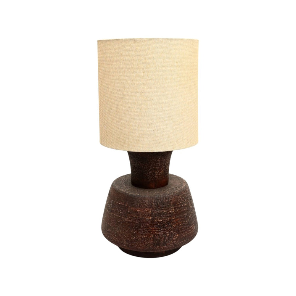 HomeRoots 27" Handcrafted Distressed Brown Wood Urn Table Lamp with Beige Shade - Rustic Home Decor Accent 632935