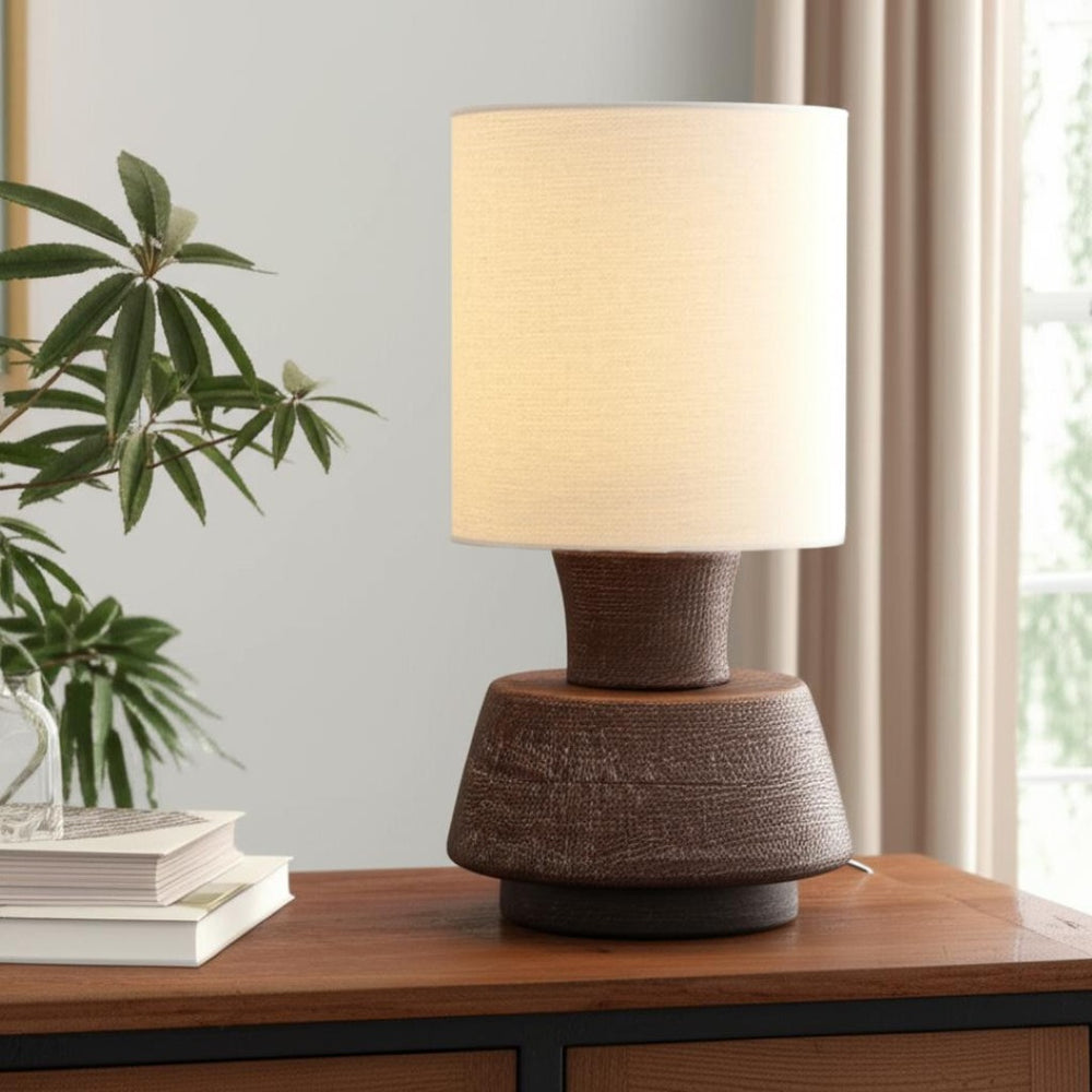 HomeRoots 27" Handcrafted Distressed Brown Wood Urn Table Lamp with Beige Shade - Rustic Home Decor Accent 632935