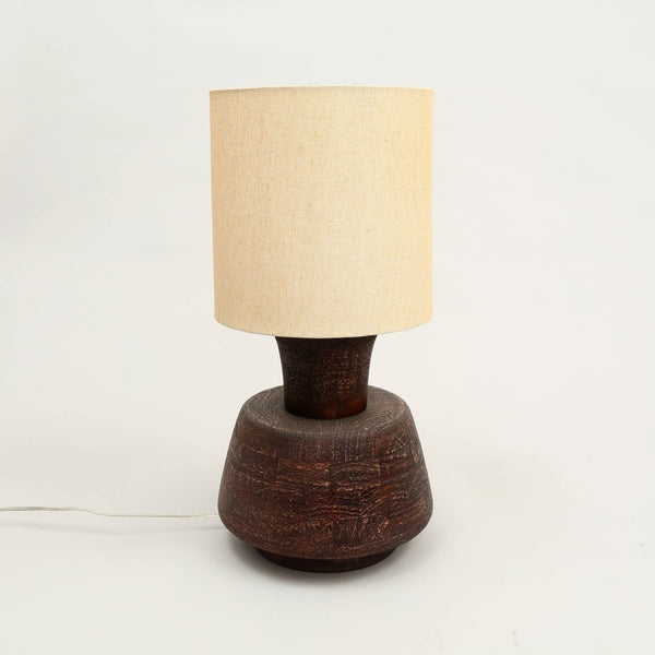 HomeRoots 27" Handcrafted Distressed Brown Wood Urn Table Lamp with Beige Shade - Rustic Home Decor Accent 632935