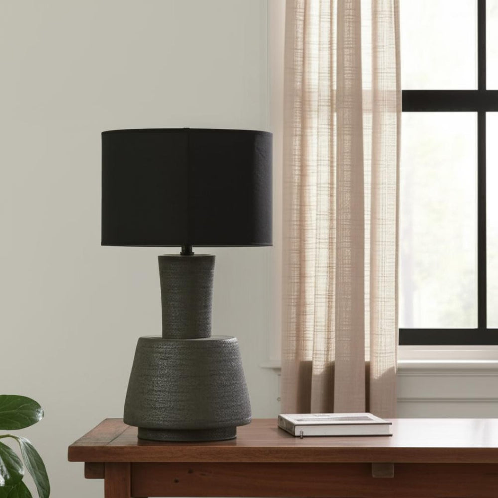HomeRoots 29" Distressed Black Solid Wood Urn Table Lamp with Artisan Drum Shade for Rustic Home Décor Charm 632937