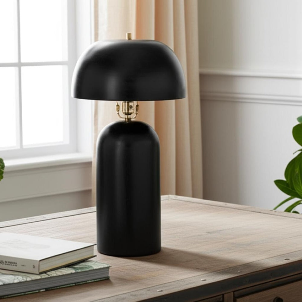 HomeRoots 23" Distressed Black Ceramic Table Lamp – Modern Artisan Design with Drum Shade for Elegant Spaces 632939