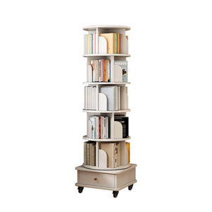 English Elm 6 Tier Rotating Bookshelf 360° Spinning Tower with Lockable Wheels, Drawer & Stable Base for Home Office White W3204P309485