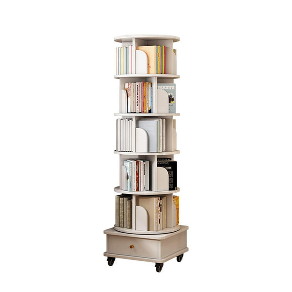 English Elm 6 Tier Rotating Bookshelf 360° Spinning Tower with Lockable Wheels, Drawer & Stable Base for Home Office White W3204P309485
