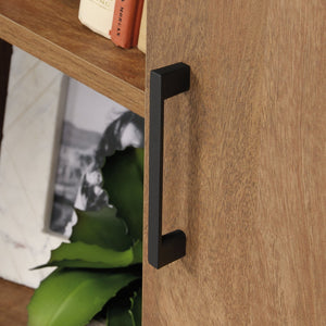 English Elm Credenza, Versatile Brown Finish Storage Cabinet With Adjustable Shelves & Modern Metal Base B356P402725