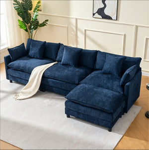 English Elm 108" L-shaped Chenille Cloud Sectional Deep Seat Sofa with Ottoman for Living Rooms Blue W3244S00009