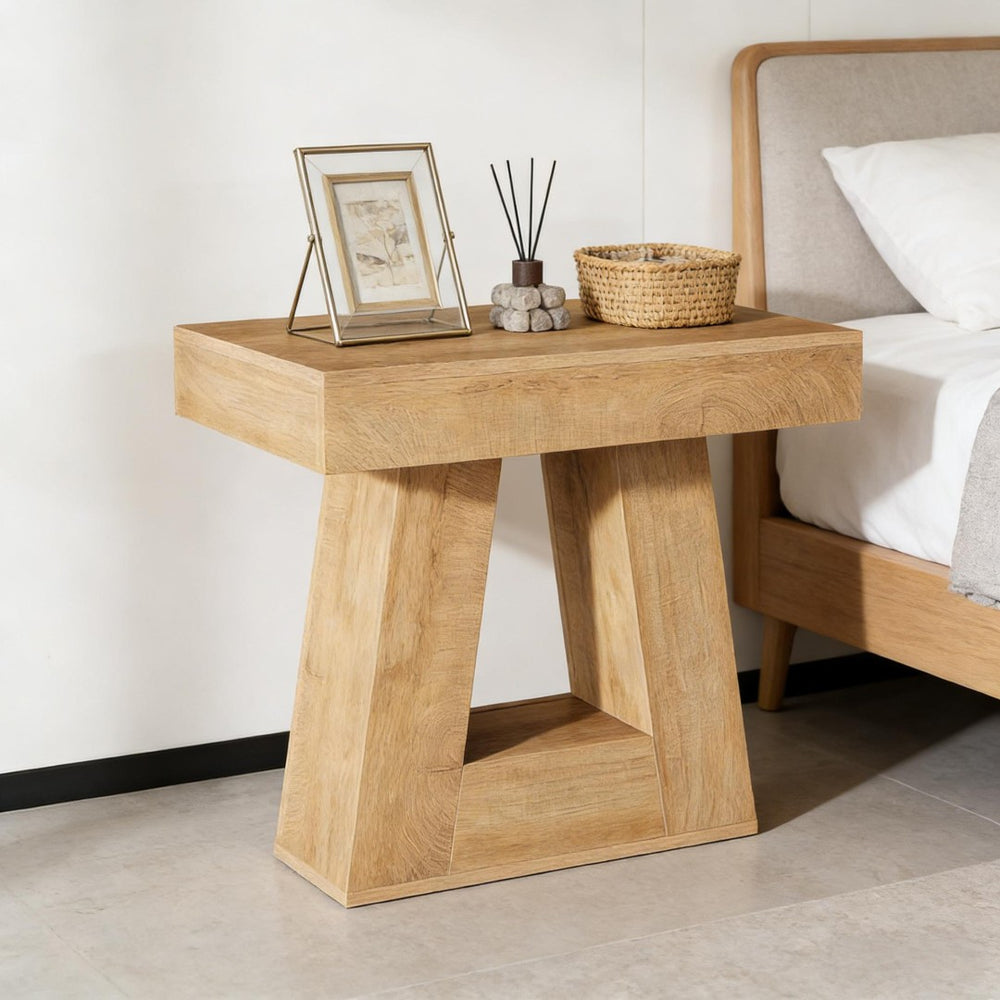 English Elm Modern Two Tier End Table Black Metal Frame Wood Grain Surface for Living Room T3971P450055