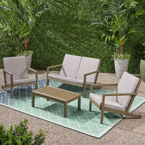 English Elm Christopher Knight Home® - LEAH 4PC Chat Set Beige Acacia Wood Outdoor Patio Sofa Chairs Loveseat Coffee Table, Water-Resistant Cushions 65909.00GRY
