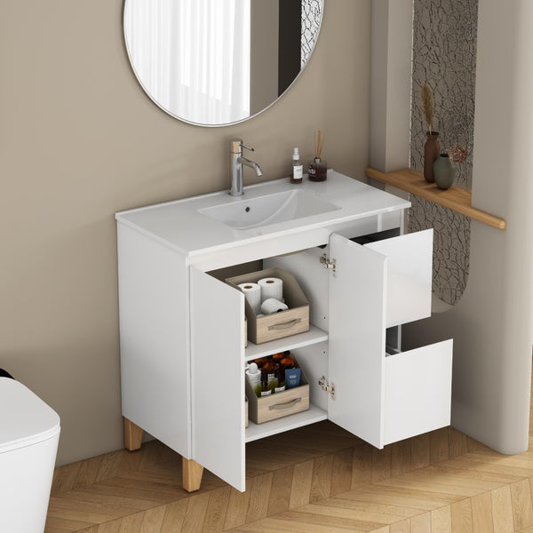 English Elm 36-inch Glossy White Bathroom Vanity with Ceramic Sink Soft Close Drawers Minimalist W3151S00068