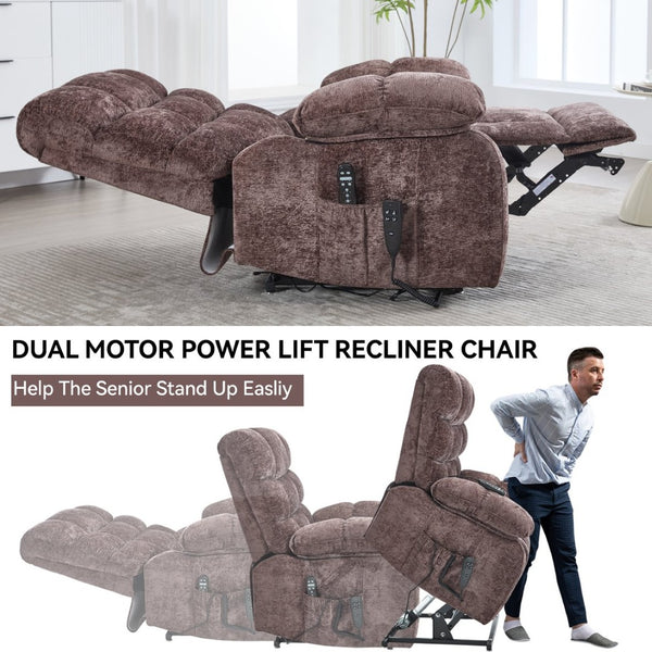 English Elm Lift Power Recliner Chenille Chair Dual Motor Massage Heat 350 Lb Capacity Living Room Brown W3224P288620