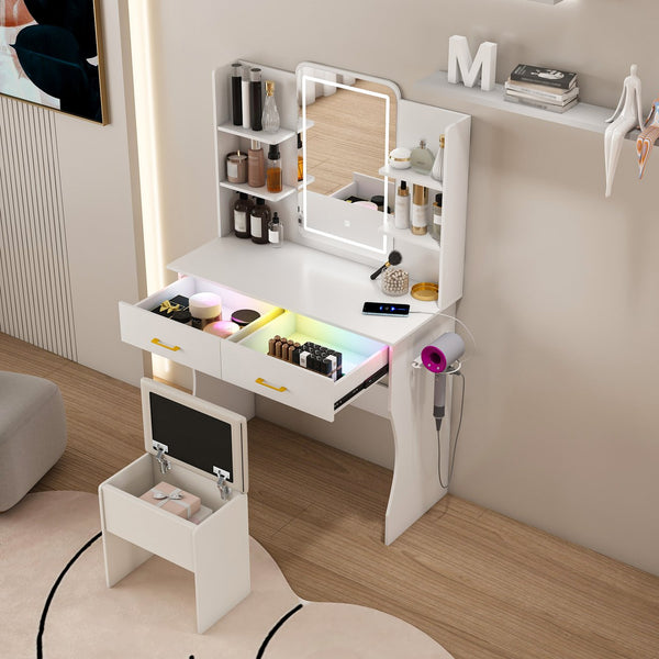 English Elm Vanity LED RGB Dressing Table with Power Outlets, Large Storage Drawers, 3 Light Modes & Stool W509P297013