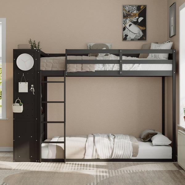 English Elm Twin Bunk Bed with Storage Drawers Hanging Rail Led Shelves and Pegboard Organizer Black LT000282AAB