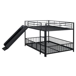 English Elm Full Full over Full Metal Bunk Bed with Slide, Interchangeable Stairs, Gate & Safety Guardrails for Kids Black SF000170AAB