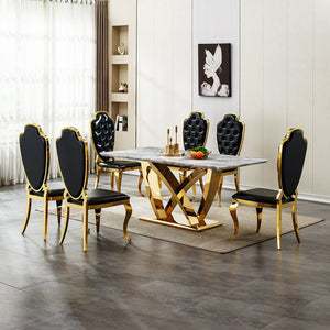 English Elm Marble Dining Table For 6, 70'' Rectangular Faux Marble With Mirrored Stainless Steel Base, Modern Elegance W3456S00026