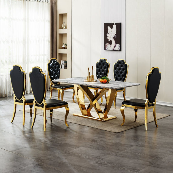 English Elm Marble Dining Table For 6, 70'' Rectangular Faux Marble With Mirrored Stainless Steel Base, Modern Elegance W3456S00026