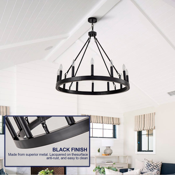 English Elm 12-light Wagon Wheel Chandelier Black Iron Rustic Farmhouse Fixture for Dining Rooms W2991P406726
