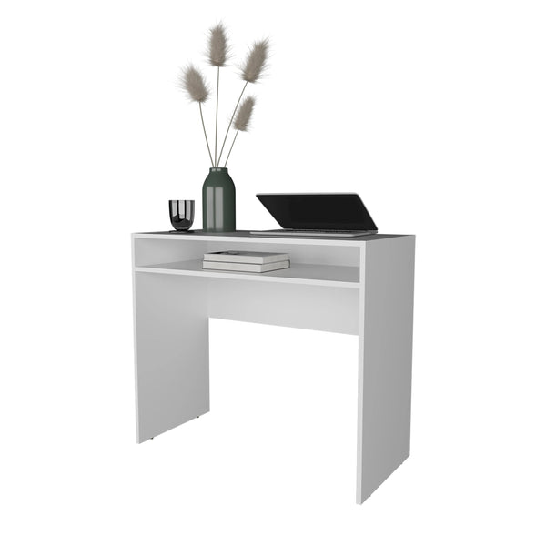 English Elm White Sleek Office Desk with Built-In Storage Shelf and Keyboard Tray, Durable Melamine Finish for Workspaces B062P230647