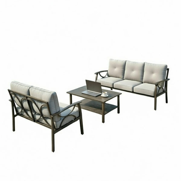 English Elm 3-piece Outdoor Steel Patio Conversation Set with Thick Cushions and Coffee Table Gray B082S00129