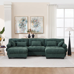 English Elm U Shaped Modular Cloud Sectional Deep Seat Flannelette Sofa with Rounded Bolster Armrests Green W2120S00039