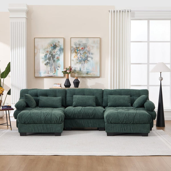 English Elm U Shaped Modular Cloud Sectional Deep Seat Flannelette Sofa with Rounded Bolster Armrests Green W2120S00039