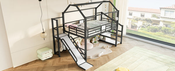 English Elm Full Full House Loft bed with Slide and Stairs, Metal House Play Loft with Storage Shelves and Quiet Design Black W1580S00350