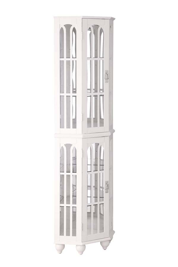 English Elm Corner Curio Cabinet with 6 Shelves, Tempered Glass Display, Built-In Lighting, Mirrored Back White W1693P216951