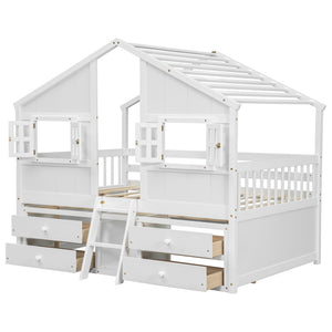 English Elm Full Size House Loft Bed With Roof & Windows, 4 Storage Drawers, Pine Wood, Safe Guardrails & Ladder W504S00242