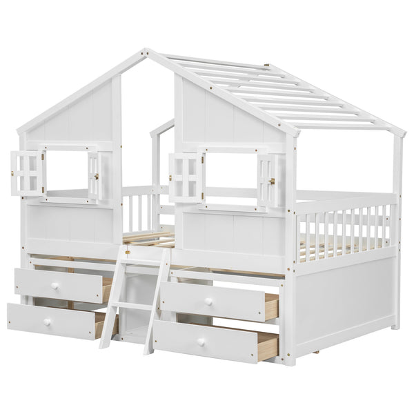 English Elm Full Size House Loft Bed With Roof & Windows, 4 Storage Drawers, Pine Wood, Safe Guardrails & Ladder W504S00242
