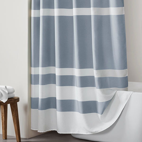 JLA Home Madison Park - Shower textured waffle curtain with modern stripe and 3M Scotchgard water-repellent finish for spa feel Blue MP70-8551