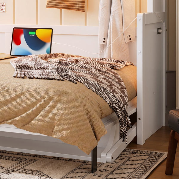 English Elm Full Murphy Bed with Fold Down Desk Led Lighting and Usb Port for Studio Spaces White W1580S00454