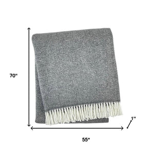 HomeRoots 55" Woven Herringbone Plush Throw Blanket - Dark Gray & White Cotton Blend with Stylish Fringe Design 633083