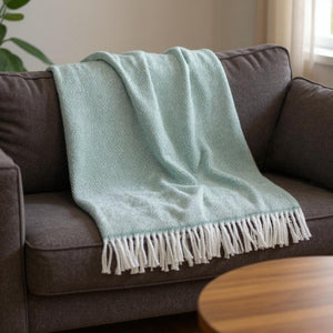 HomeRoots 55" Woven Herringbone Plush Throw Blanket in Sage & White - Cozy Fringe for Stylish Comfort Anywhere 633087