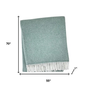 HomeRoots 55" Woven Herringbone Plush Throw Blanket in Sage & White - Cozy Fringe for Stylish Comfort Anywhere 633087