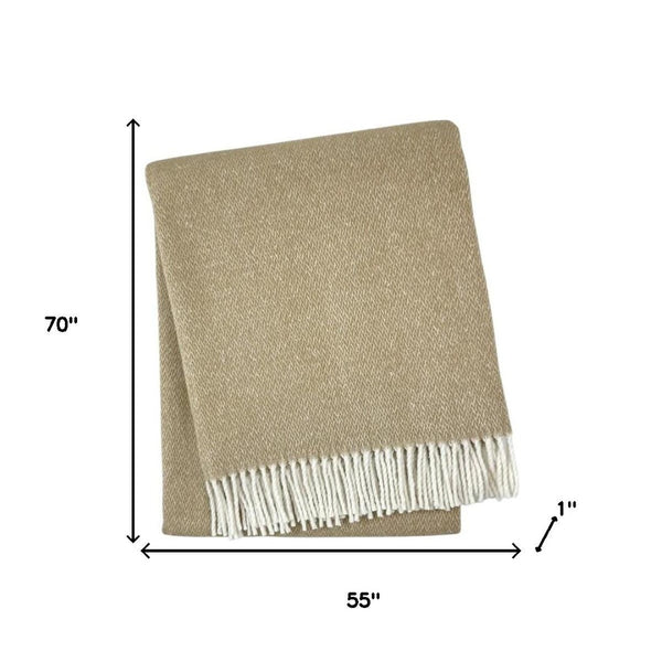 HomeRoots 55" Stone & White Woven Herringbone Plush Throw Blanket with Fringe - Cozy, Stylish, Gift-Ready! 633088
