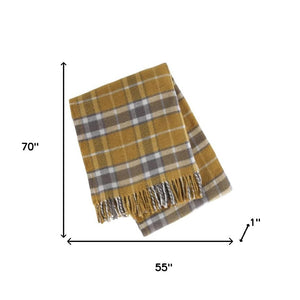 HomeRoots 55" Luxurious Gold and Brown Plaid Throw Blanket - Soft Cotton Blend with Fringe for Cozy Living Spaces 633089