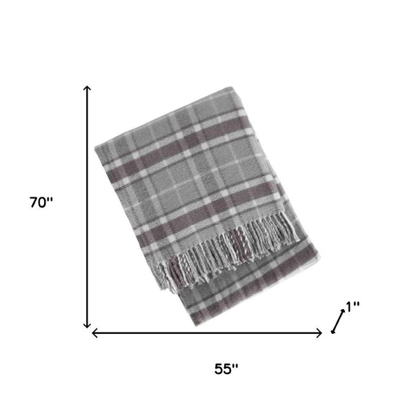 HomeRoots 55" Cozy Light Gray and Brown Woven Plaid Plush Throw Blanket with Fringe for Home & Gifting 633090