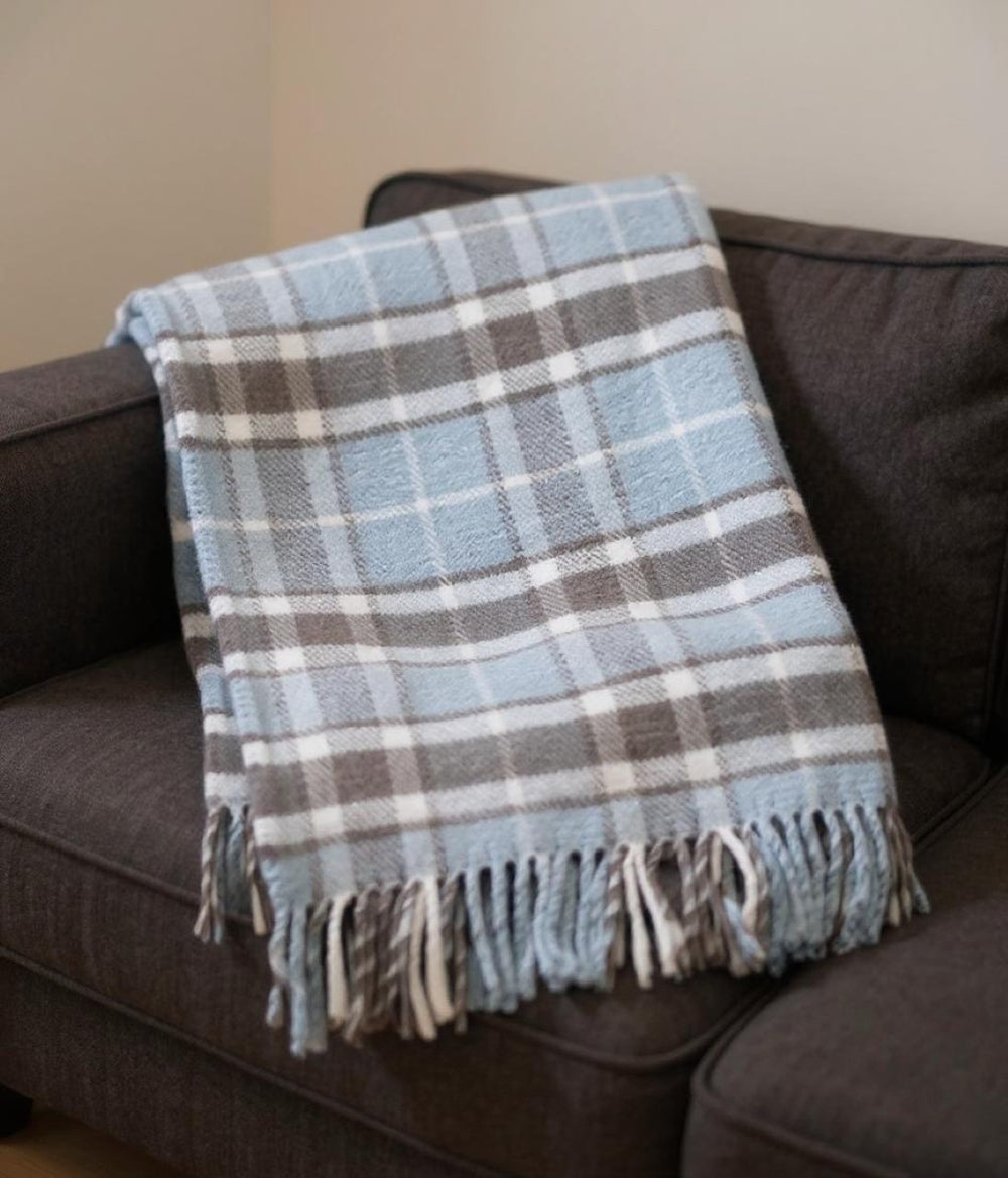 HomeRoots 55" Cozy Sky Blue and Brown Plaid Cotton Blend Throw Blanket with Fringe - Perfect for All Occasions! 633091