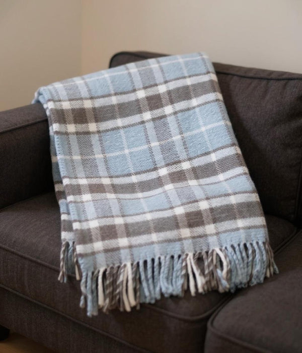 HomeRoots 55" Cozy Sky Blue and Brown Plaid Cotton Blend Throw Blanket with Fringe - Perfect for All Occasions! 633091