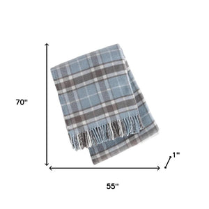 HomeRoots 55" Cozy Sky Blue and Brown Plaid Cotton Blend Throw Blanket with Fringe - Perfect for All Occasions! 633091