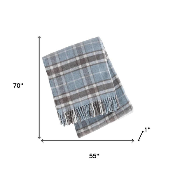 HomeRoots 55" Cozy Sky Blue and Brown Plaid Cotton Blend Throw Blanket with Fringe - Perfect for All Occasions! 633091