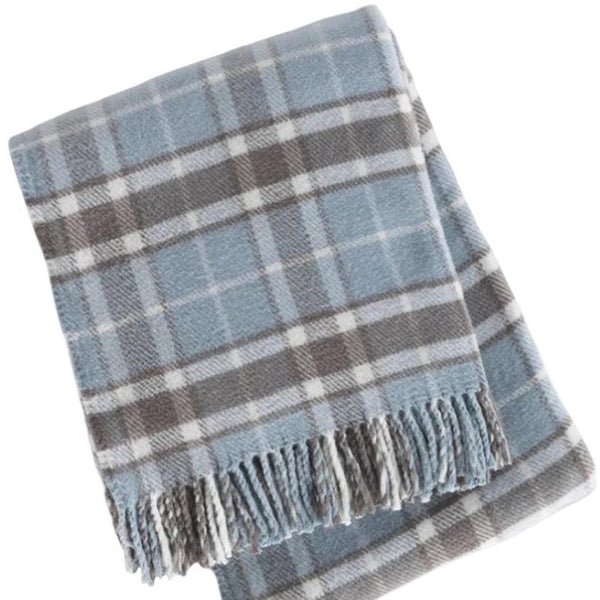 HomeRoots 55" Cozy Sky Blue and Brown Plaid Cotton Blend Throw Blanket with Fringe - Perfect for All Occasions! 633091