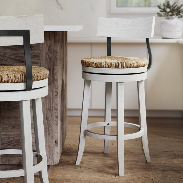 HomeRoots Brown Rattan & Solid Wood Low Back Swivel Bar Chair - Coastal Charm for Kitchen & Home Bar Decor 633092