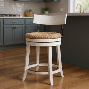 HomeRoots Brown Rattan & Solid Wood Swivel Bar Chair - Coastal Style, Comfortable Low Back, 360° Mobility 633093