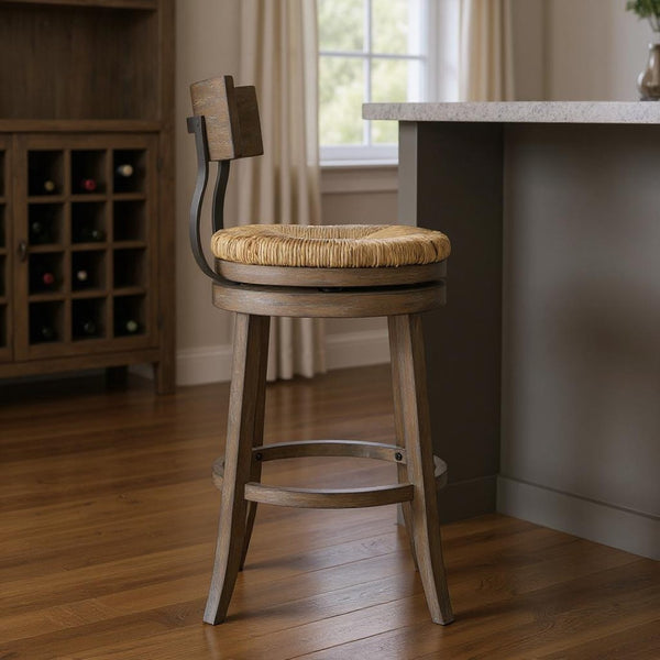 HomeRoots Brown Rattan and Solid Wood Low Back Swivel Bar Chair - Stylish Comfort for Kitchen & Dining Spaces 633094