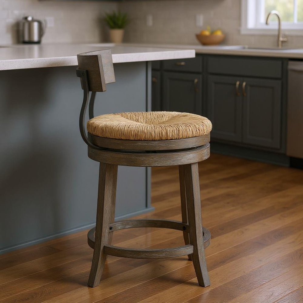 HomeRoots Brown Rattan and Solid Wood Swivel Bar Chair - Modern Low Back Design for Kitchen or Dining Spaces 633095