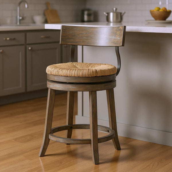 HomeRoots Brown Rattan and Solid Wood Swivel Bar Chair - Modern Low Back Design for Kitchen or Dining Spaces 633095
