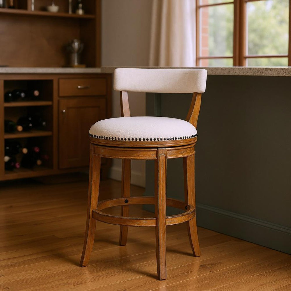 HomeRoots Linen Swivel Bar Chair with Low Back, Solid Wood Frame, and Cushioned Seat for Modern Comfort 633098
