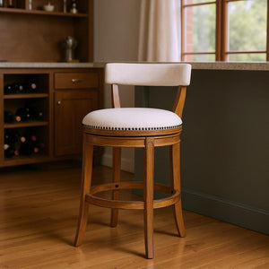 HomeRoots Linen Swivel Bar Chair with Low Back, Solid Wood Frame, and Cushioned Seat for Modern Comfort 633098